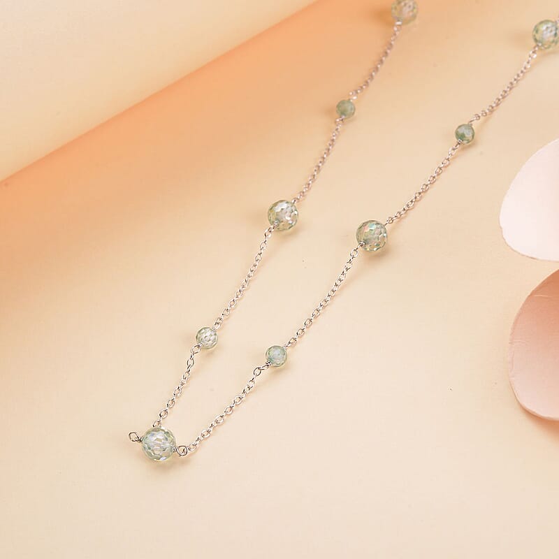 Green Moissanite Beaded Station Necklace 18-21 Inches in Rhodium Over Sterling Silver 11.75 ctw