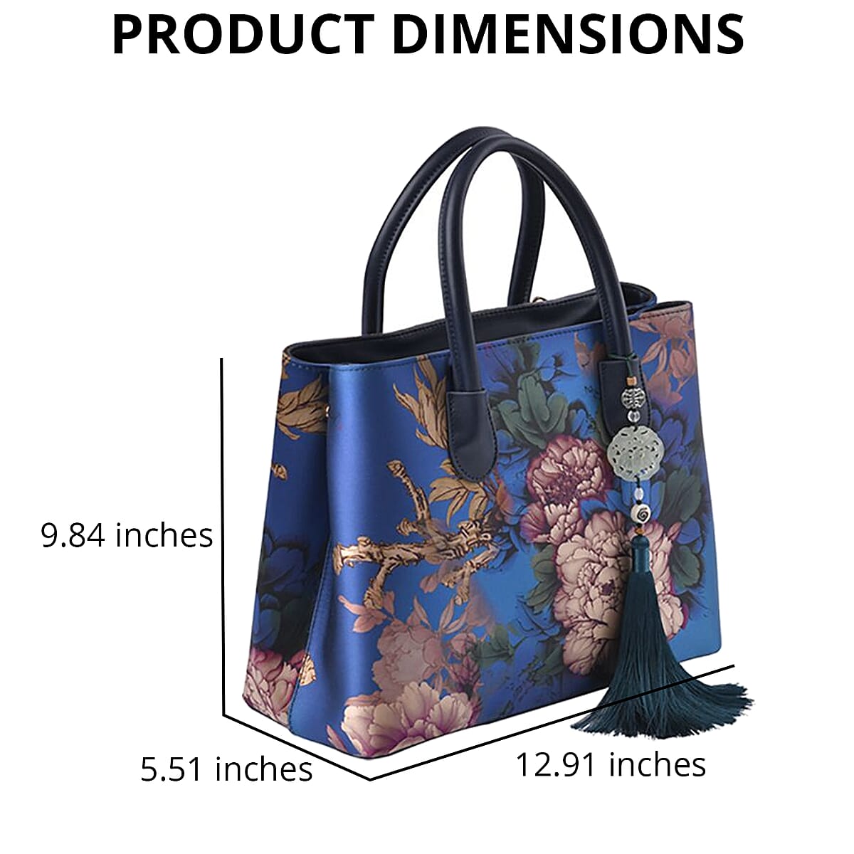 Blue with Big Flower Pattern Silk with Genuine Leather Tote Bag for Women with Hanging Jade Tassels | Women's Designer Tote Bags | Leather Handbags | Leather Purse image number 3