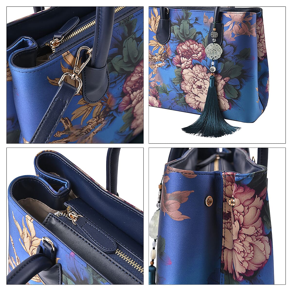 Blue with Big Flower Pattern Silk with Genuine Leather Tote Bag for Women with Hanging Jade Tassels | Women's Designer Tote Bags | Leather Handbags | Leather Purse image number 4