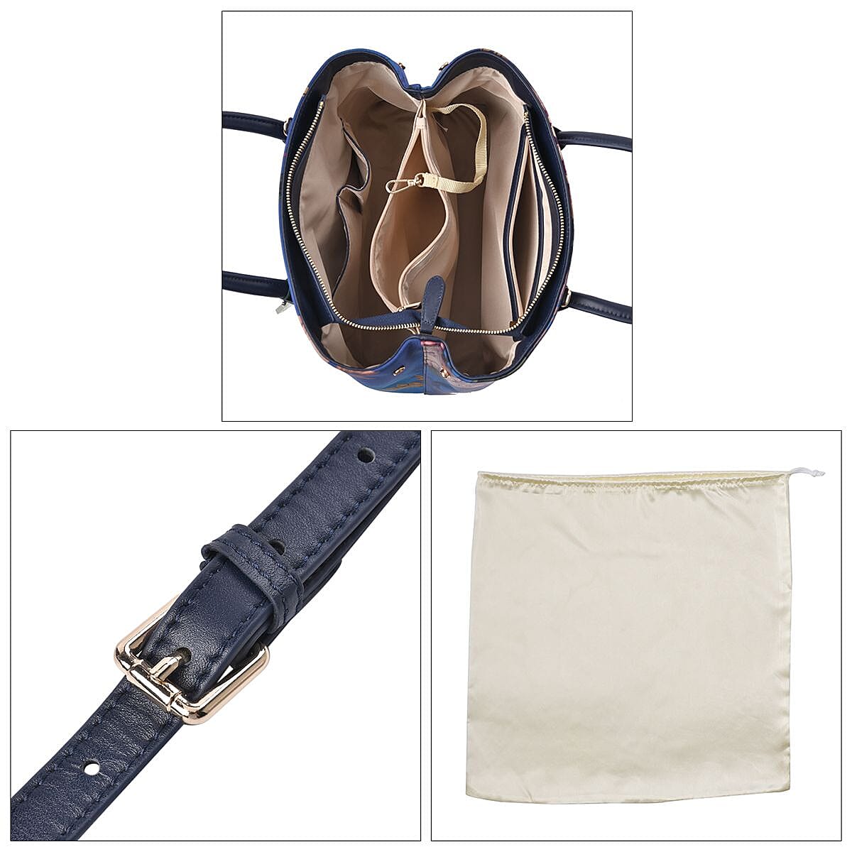 Blue with Big Flower Pattern Silk with Genuine Leather Tote Bag for Women with Hanging Jade Tassels | Women's Designer Tote Bags | Leather Handbags | Leather Purse image number 5