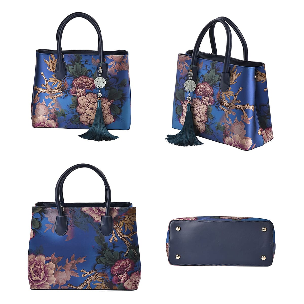 Blue with Big Flower Pattern Silk with Genuine Leather Tote Bag for Women with Hanging Jade Tassels | Women's Designer Tote Bags | Leather Handbags | Leather Purse image number 6