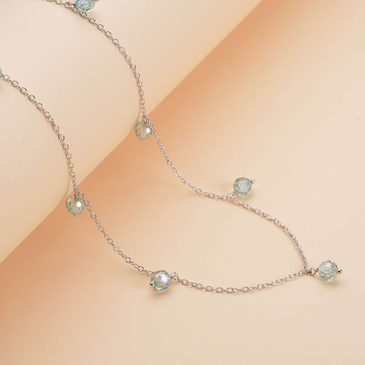 Light Blue Moissanite Beaded Station Necklace 20-22 Inches in Rhodium Over Sterling Silver 7.60 ctw image number 1