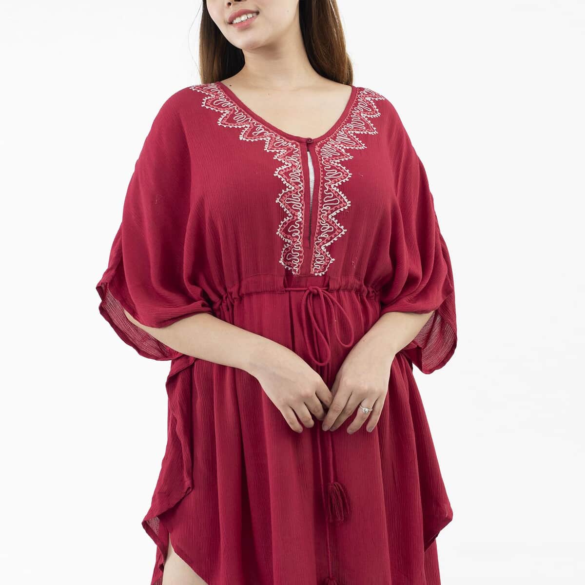 Tamsy Red Embroidered Kaftan with Keyhole Neck & Doori with Tassels - One Size Fits Most image number 3