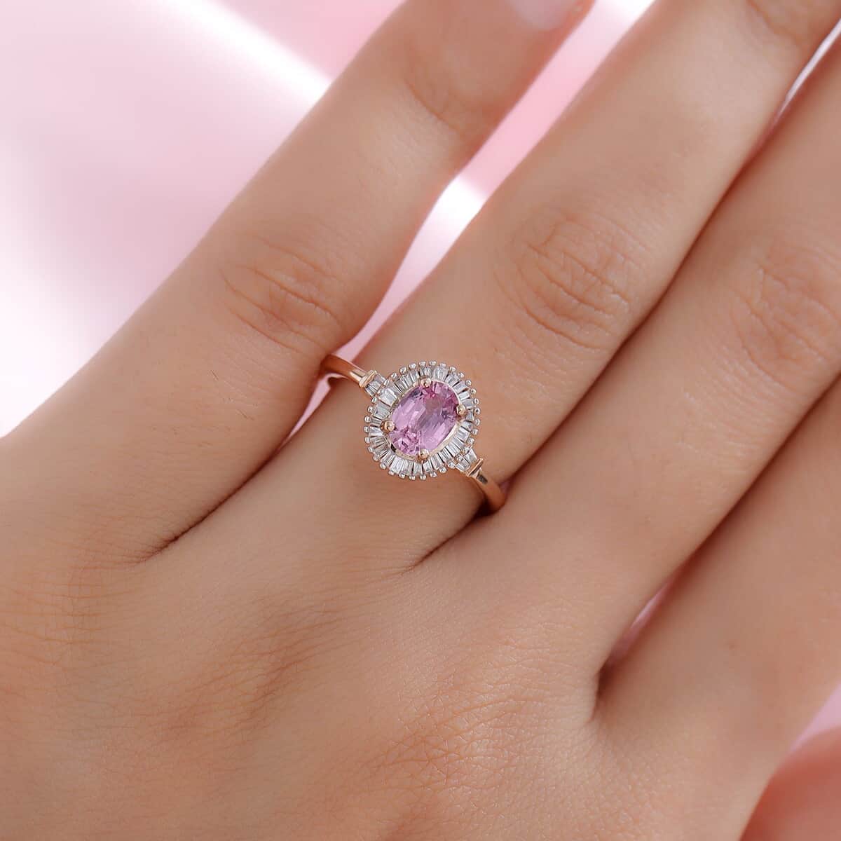 Iliana 18K Rose Gold AAA Madagascar Pink Sapphire and G-H SI Diamond Halo Ring (Size 7.0) 1.15 ctw image number 2