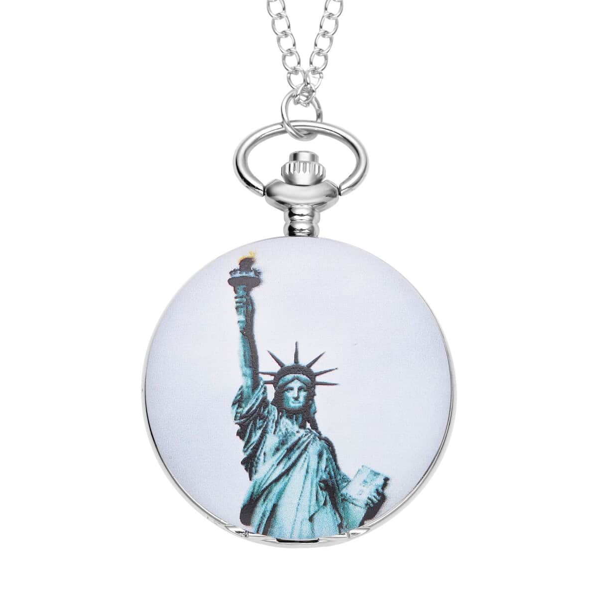 Strada Japanese Movement Statue of Liberty Pattern Pocket Watch with Silvertone Chain (up to 31 Inches) image number 0