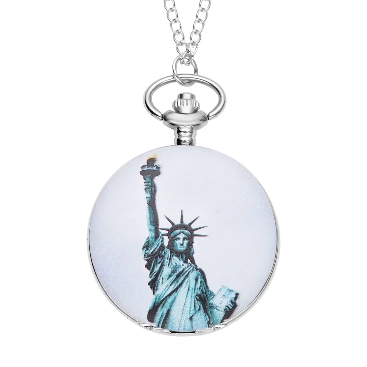 STRADA Japanese Movement Statue of Liberty Pattern Pocket Watch with Silvertone Chain (up to 31 Inches) image number 0