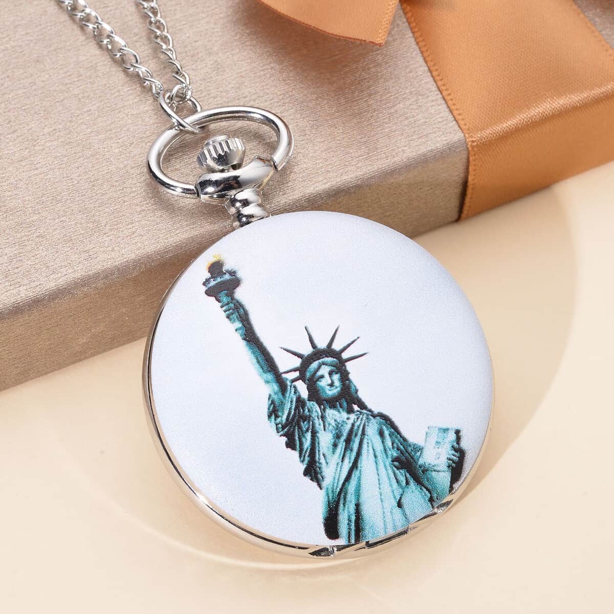 STRADA Japanese Movement Statue of Liberty Pattern Pocket Watch with Silvertone Chain (up to 31 Inches) image number 1