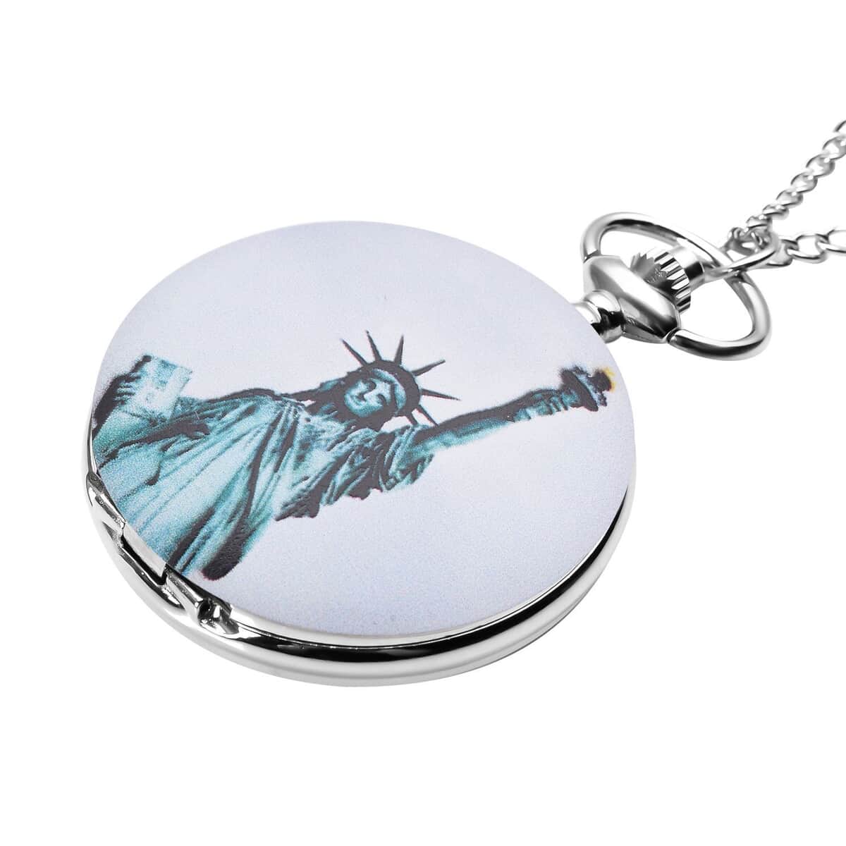 Strada Japanese Movement Statue of Liberty Pattern Pocket Watch with Silvertone Chain (up to 31 Inches) image number 2