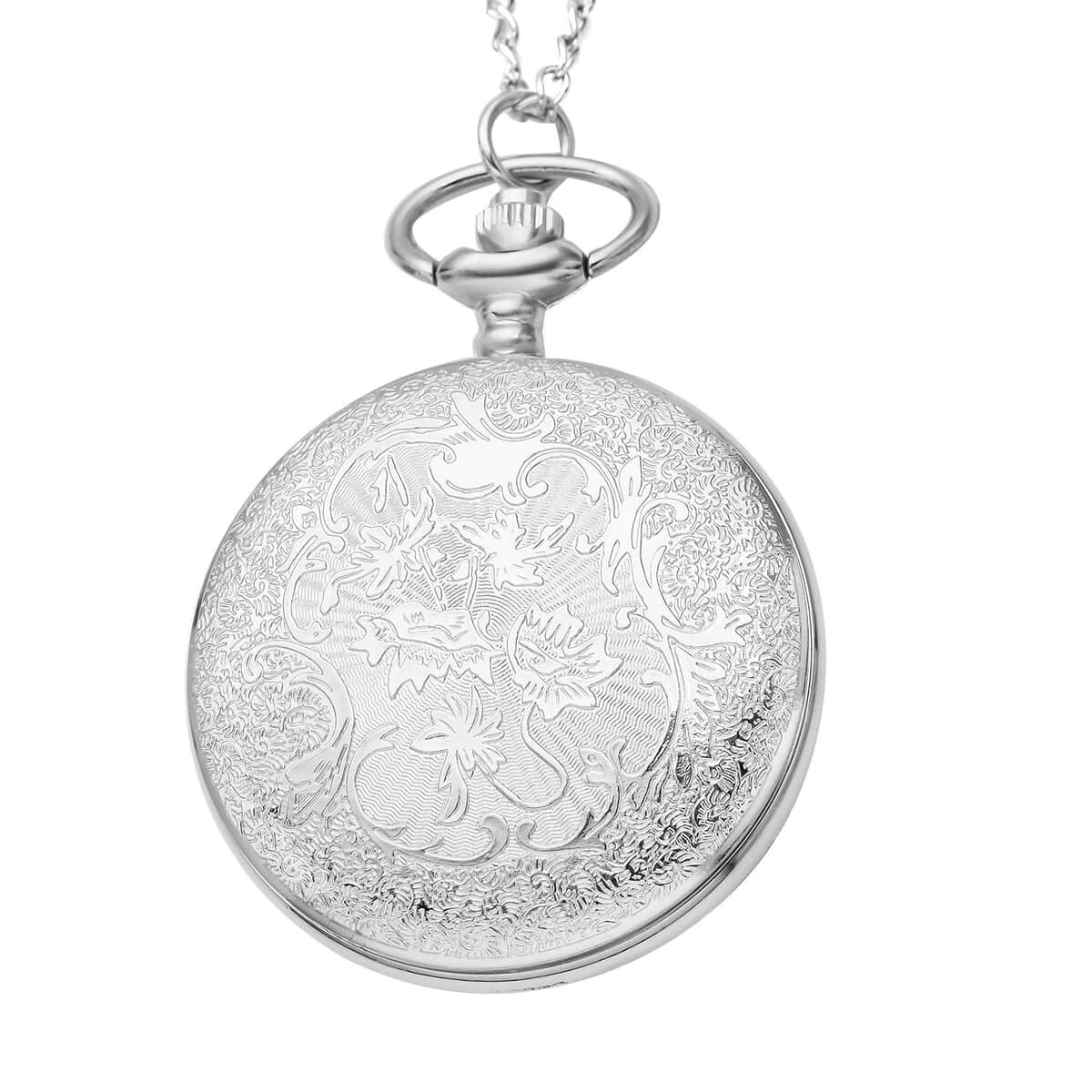 STRADA Japanese Movement Statue of Liberty Pattern Pocket Watch with Silvertone Chain (up to 31 Inches) image number 3