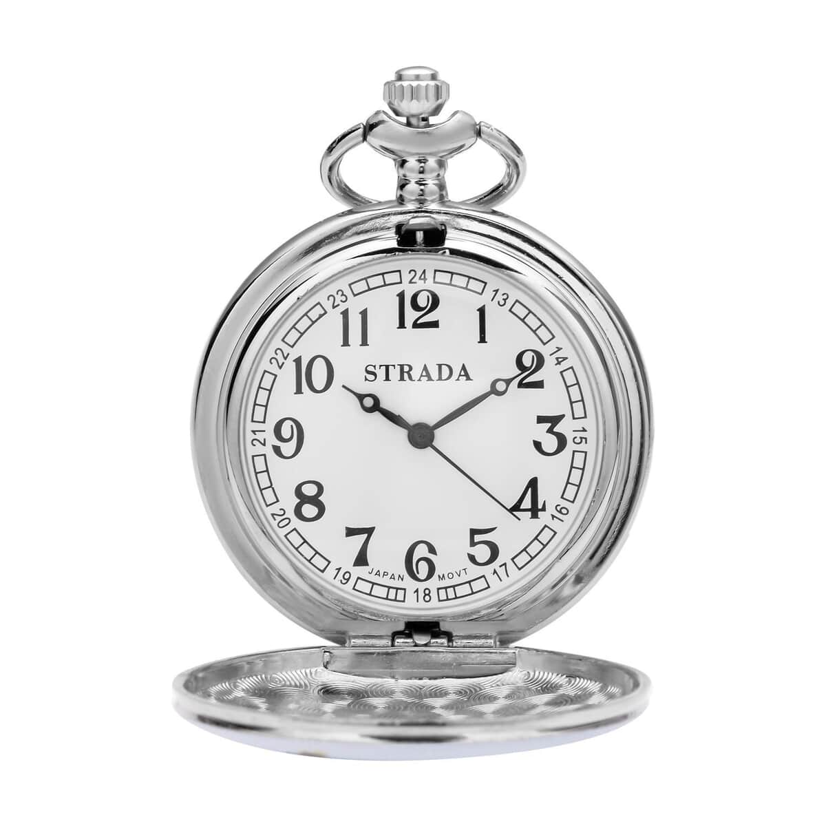 STRADA Japanese Movement Statue of Liberty Pattern Pocket Watch with Silvertone Chain (up to 31 Inches) image number 4