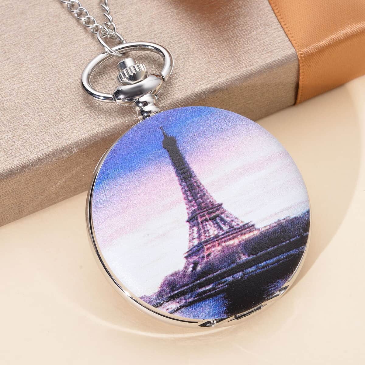 Strada Japanese Movement Eiffel Tower Pattern Pocket Watch with Silvertone Chain (up to 31 Inches) image number 1