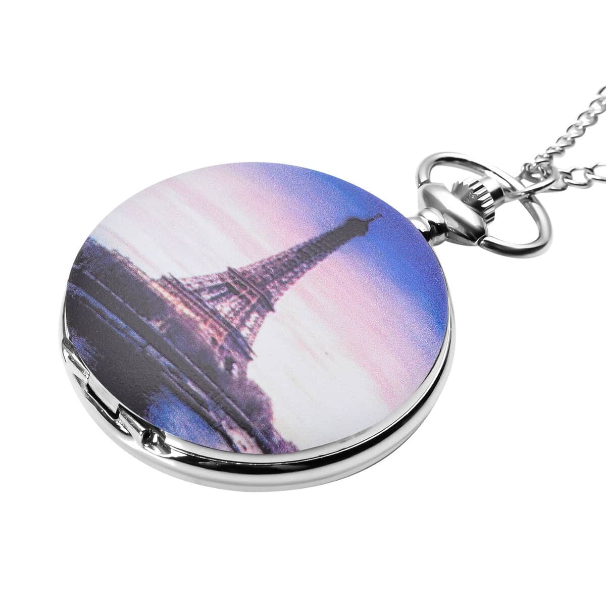 Strada Japanese Movement Eiffel Tower Pattern Pocket Watch with Silvertone Chain (up to 31 Inches) image number 2