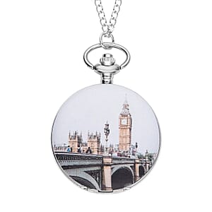 Strada Japanese Movement Clock Tower Pattern Pocket Watch with Silvertone Chain (up to 31 Inches)