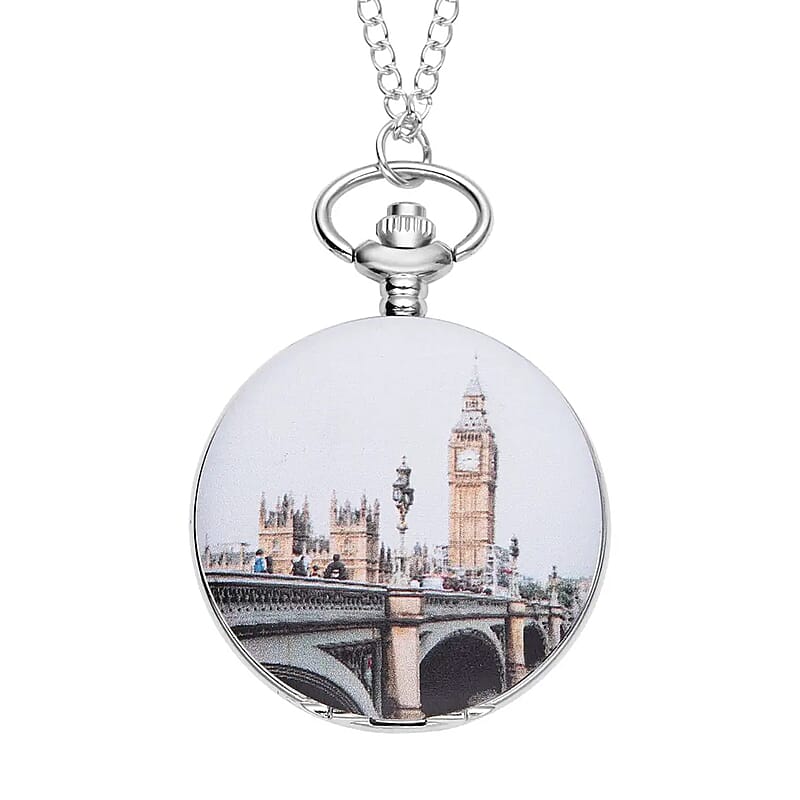 Strada Japanese Movement Clock Tower Pattern Pocket Watch with Silvertone Chain (up to 31 Inches)