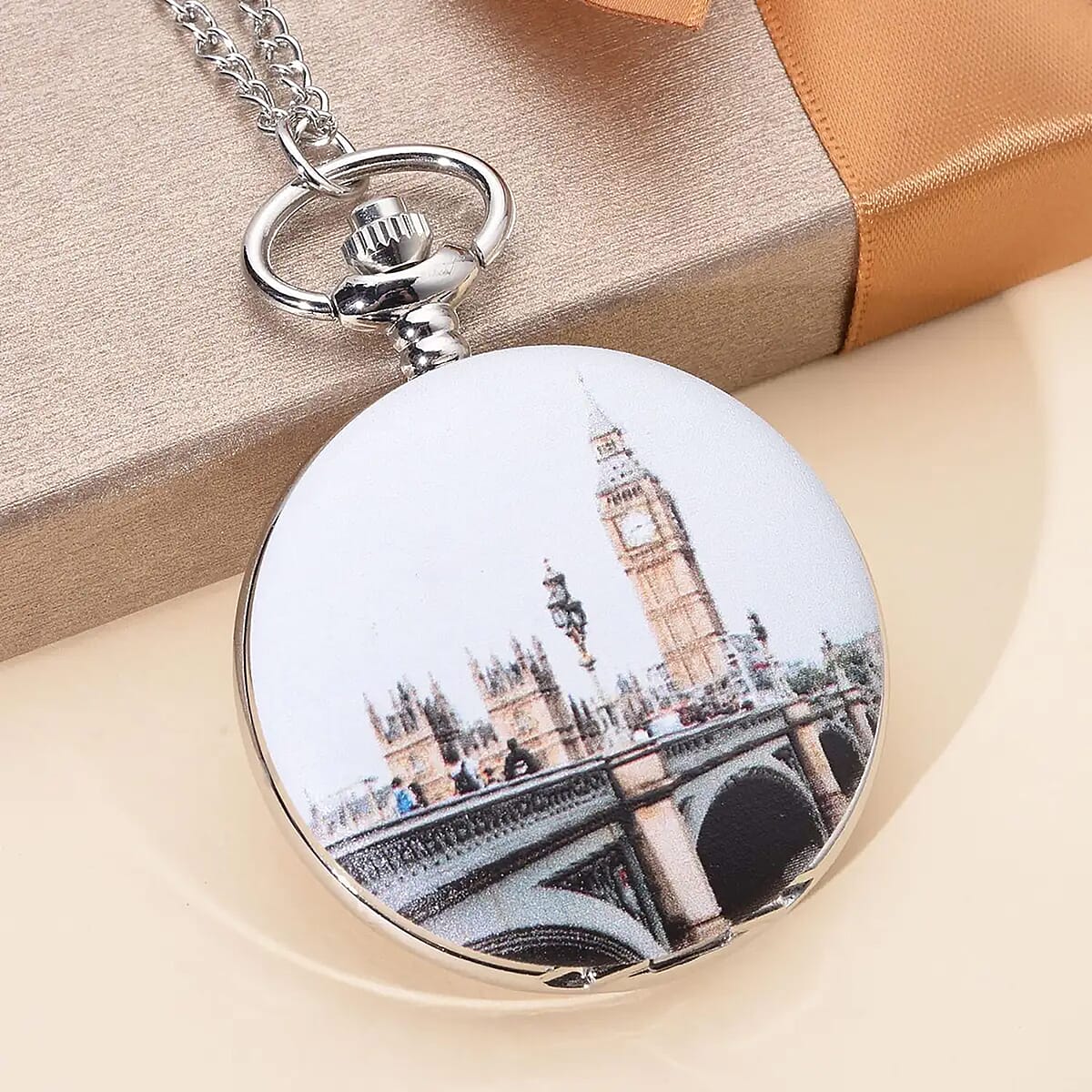 Strada Japanese Movement Clock Tower Pattern Pocket Watch with Silvertone Chain (up to 31 Inches) image number 1