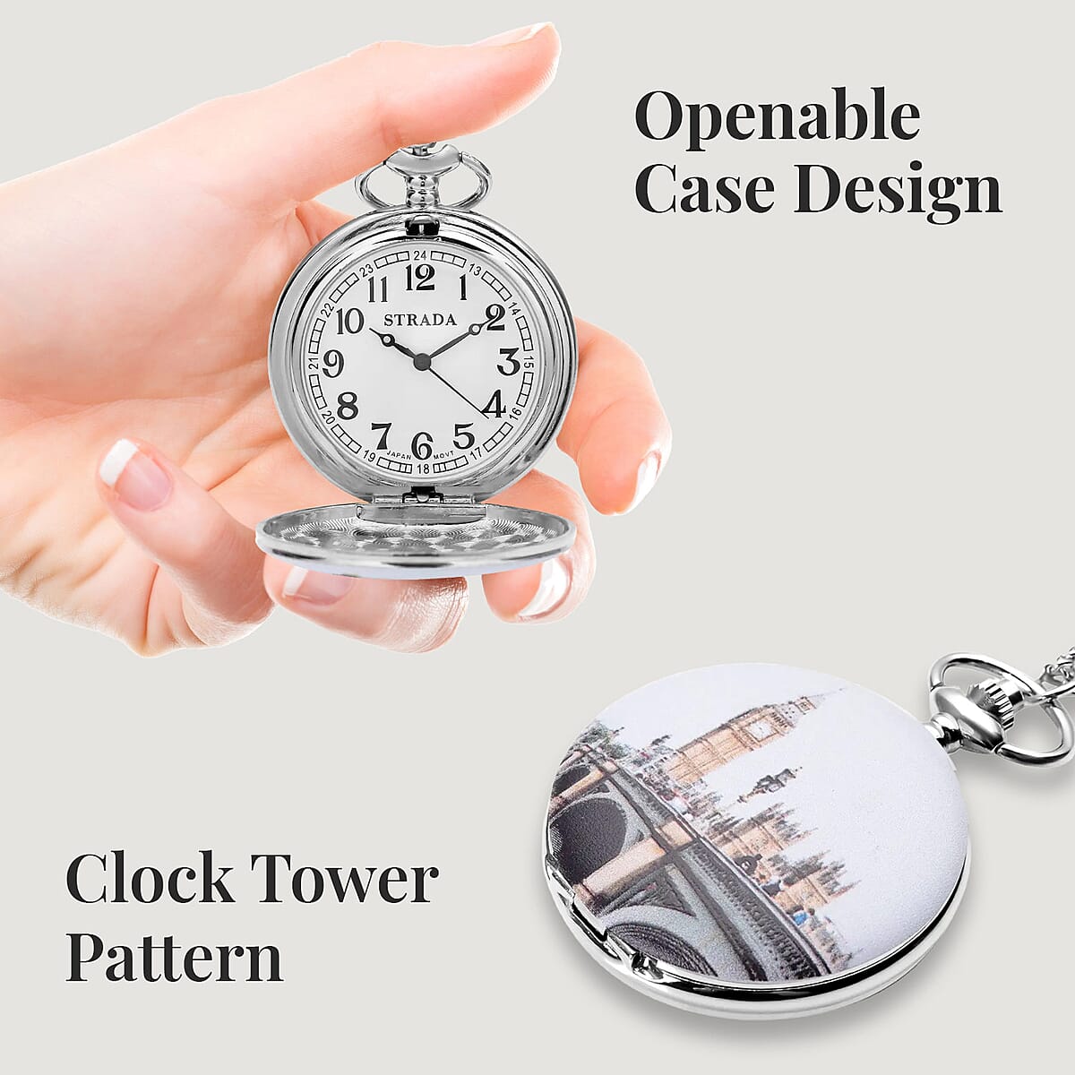 Strada Japanese Movement Clock Tower Pattern Pocket Watch with Silvertone Chain (up to 31 Inches) image number 3