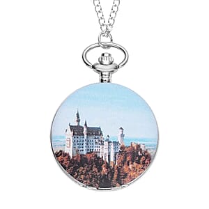 Strada Japanese Movement Castle Pattern Pocket Watch with Silvertone Chain (up to 31 Inches)