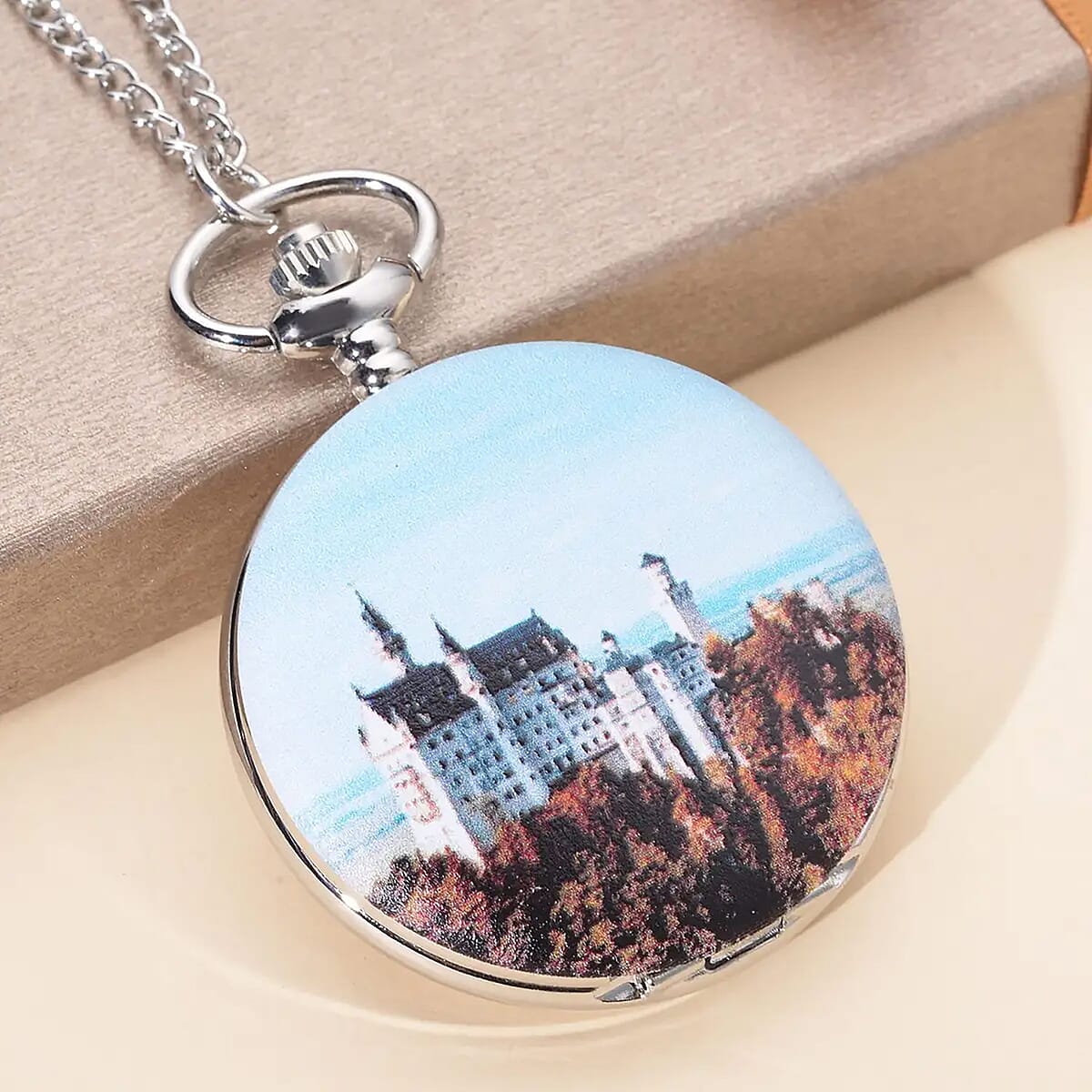 Strada Japanese Movement Castle Pattern Pocket Watch with Silvertone Chain (up to 31 Inches) image number 1