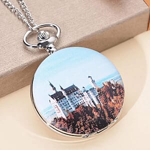 Strada Japanese Movement Castle Pattern Pocket Watch with Silvertone Chain (up to 31 Inches)