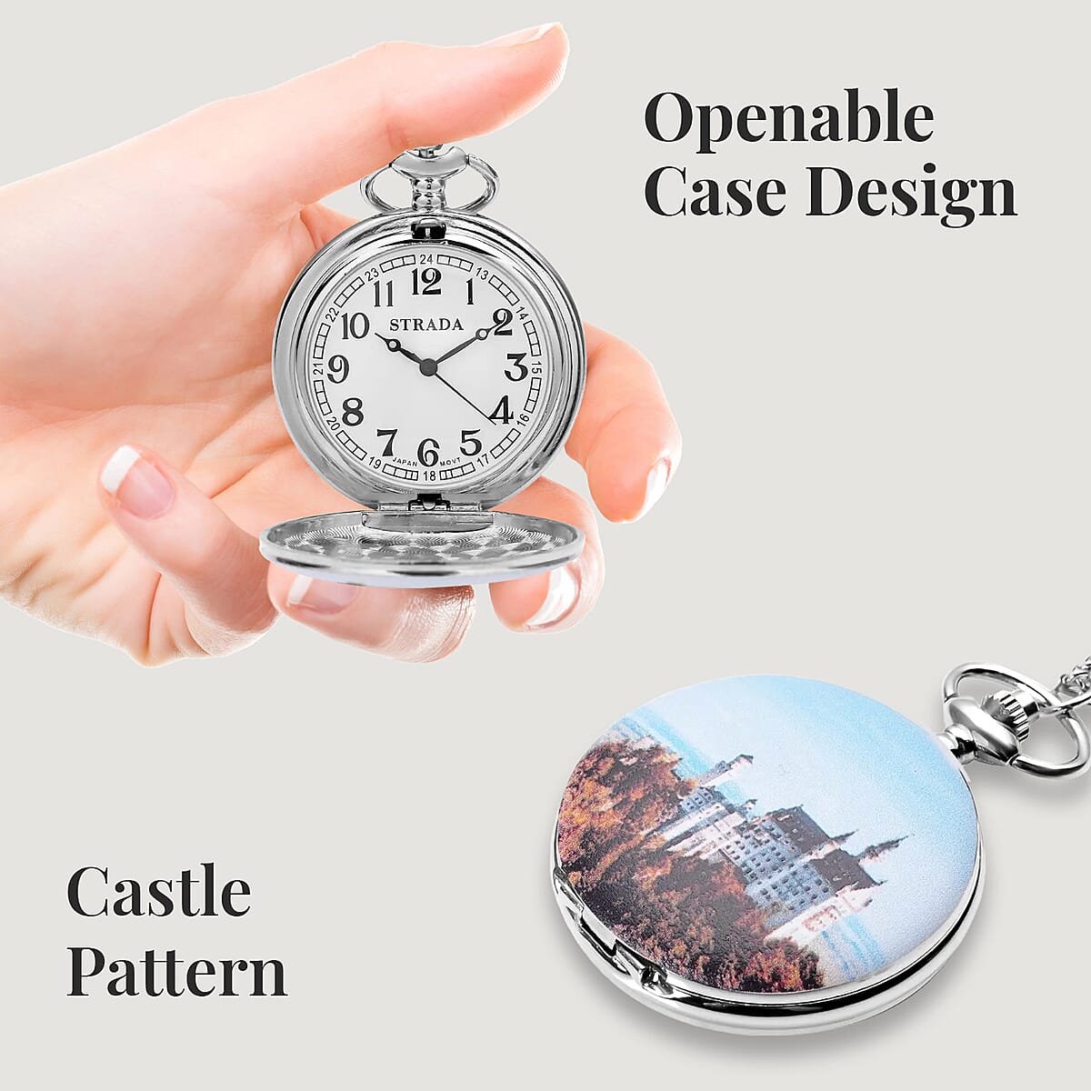 Strada Japanese Movement Castle Pattern Pocket Watch with Silvertone Chain (up to 31 Inches) image number 3