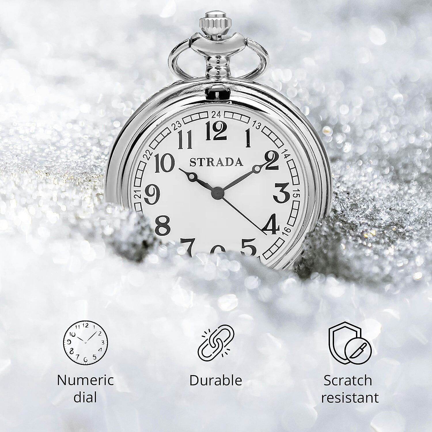 Strada Japanese Movement Castle Pattern Pocket Watch with Silvertone Chain (up to 31 Inches)