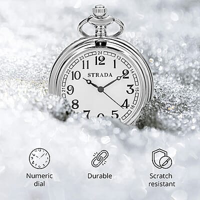 Strada Japanese Movement Castle Pattern Pocket Watch with Silvertone Chain (up to 31 Inches)