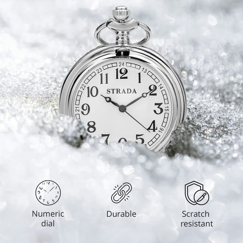Strada Japanese Movement Castle Pattern Pocket Watch with Silvertone Chain (up to 31 Inches)