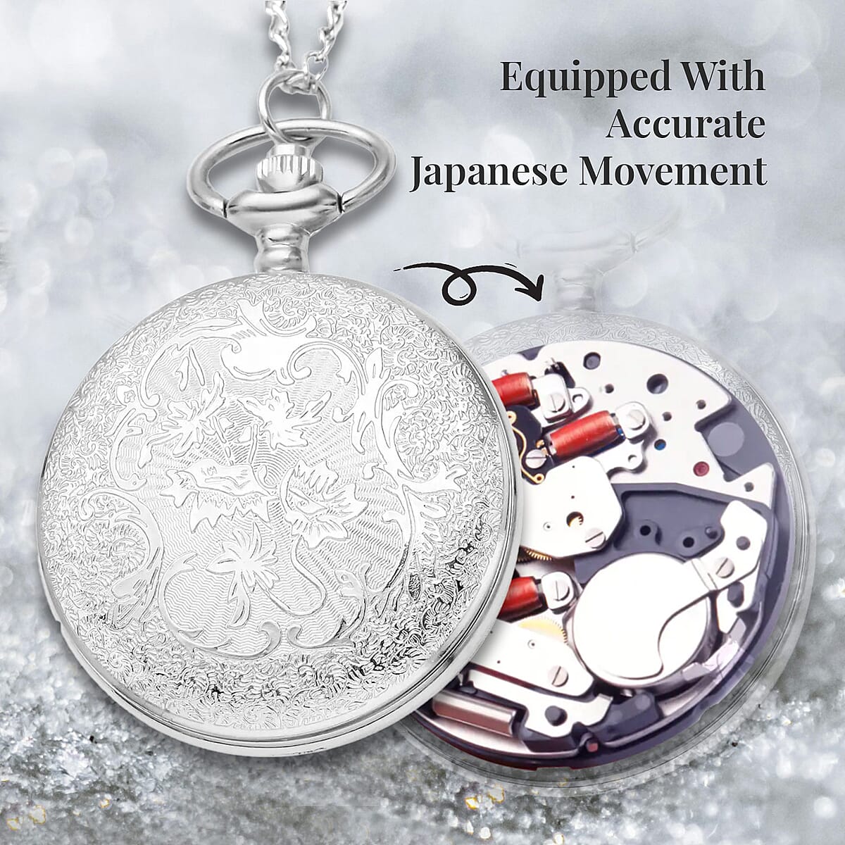 Strada Japanese Movement Castle Pattern Pocket Watch with Silvertone Chain (up to 31 Inches) image number 5