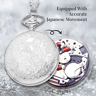 Strada Japanese Movement Castle Pattern Pocket Watch with Silvertone Chain (up to 31 Inches)
