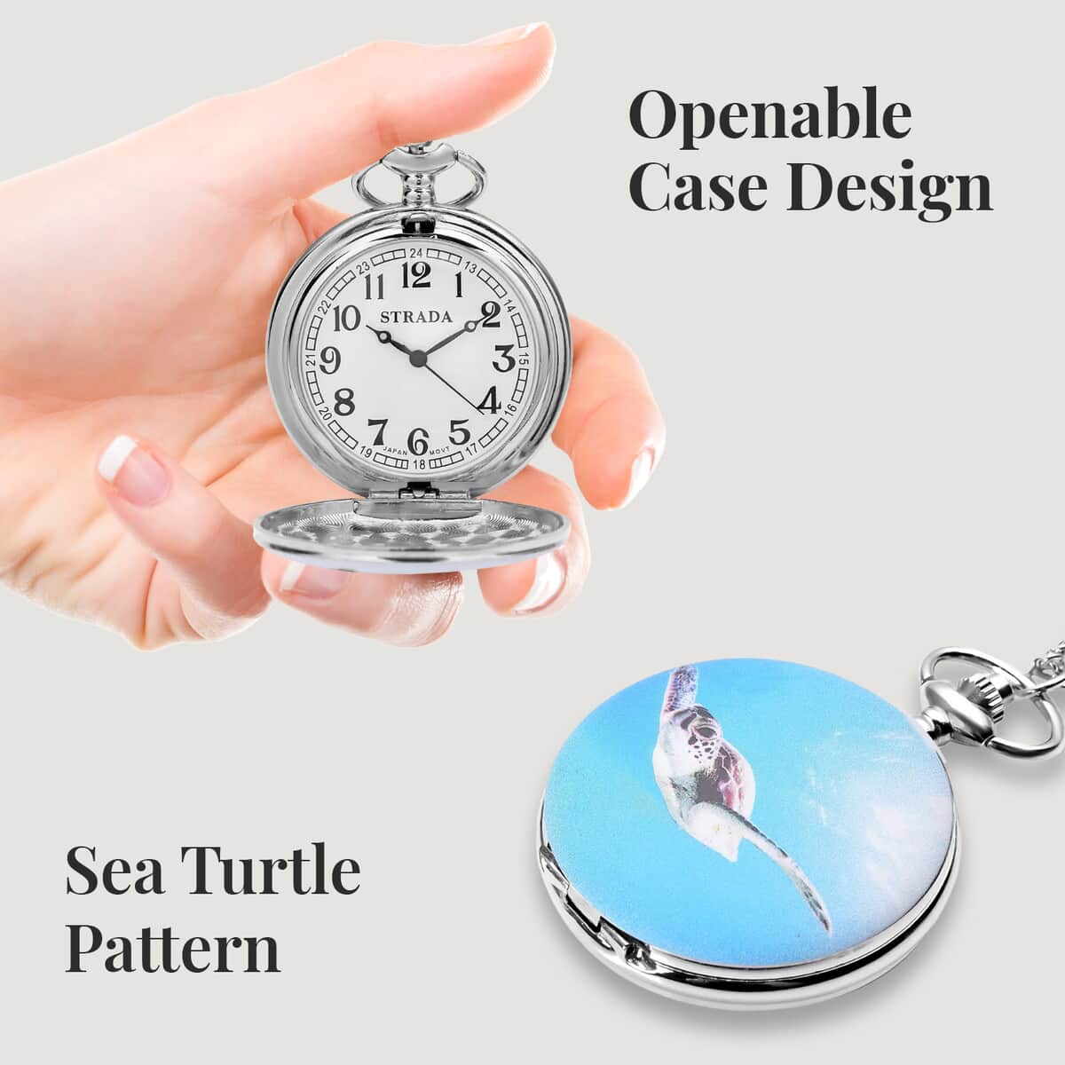 Strada Japanese Movement Sea Turtle Pattern Pocket Watch with Silvertone Chain (up to 31 Inches) image number 3