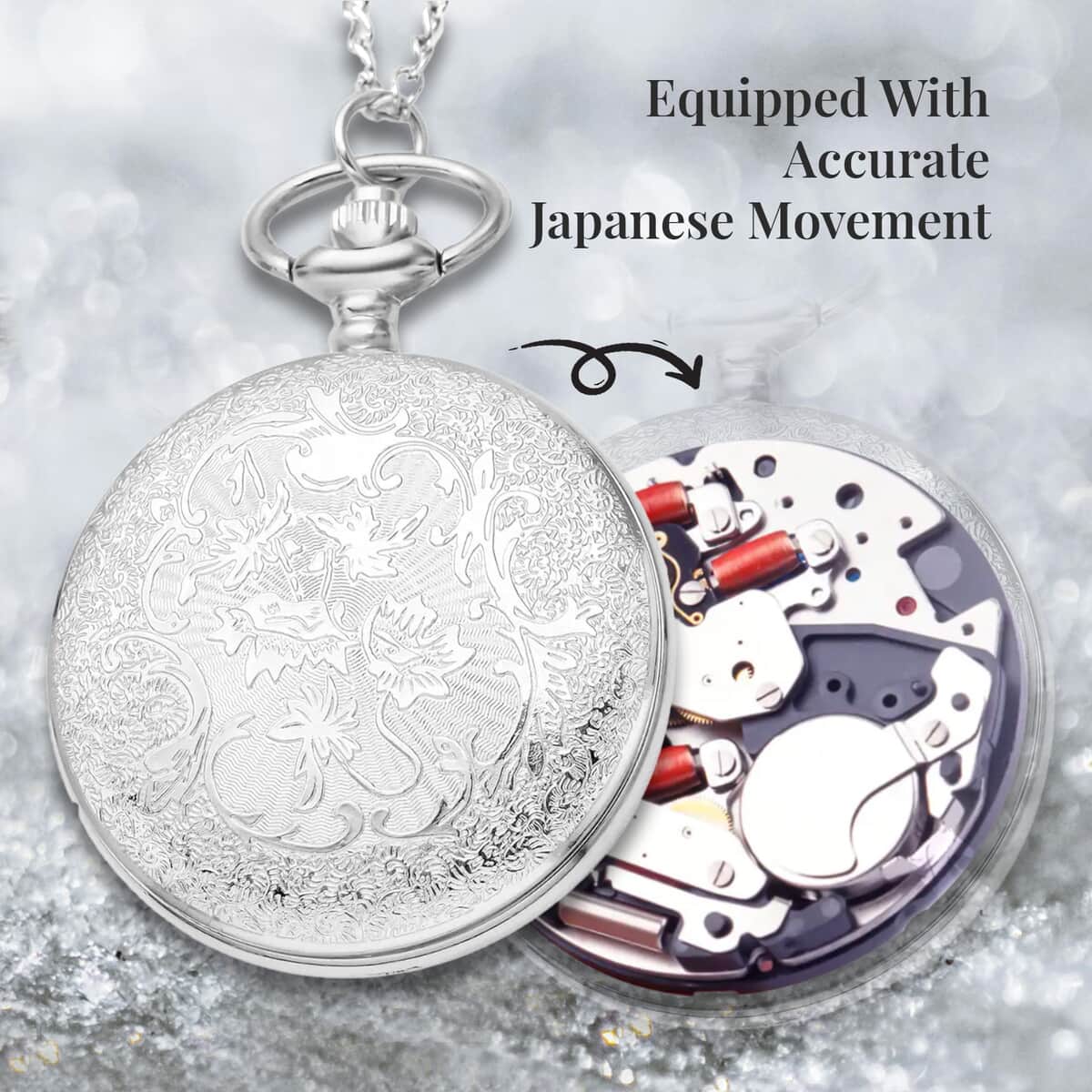 Strada Japanese Movement Sea Turtle Pattern Pocket Watch with Silvertone Chain (up to 31 Inches) image number 5