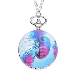 Strada Japanese Movement Jelly Fish Pattern Pocket Watch with Silvertone Chain (up to 31 Inches)