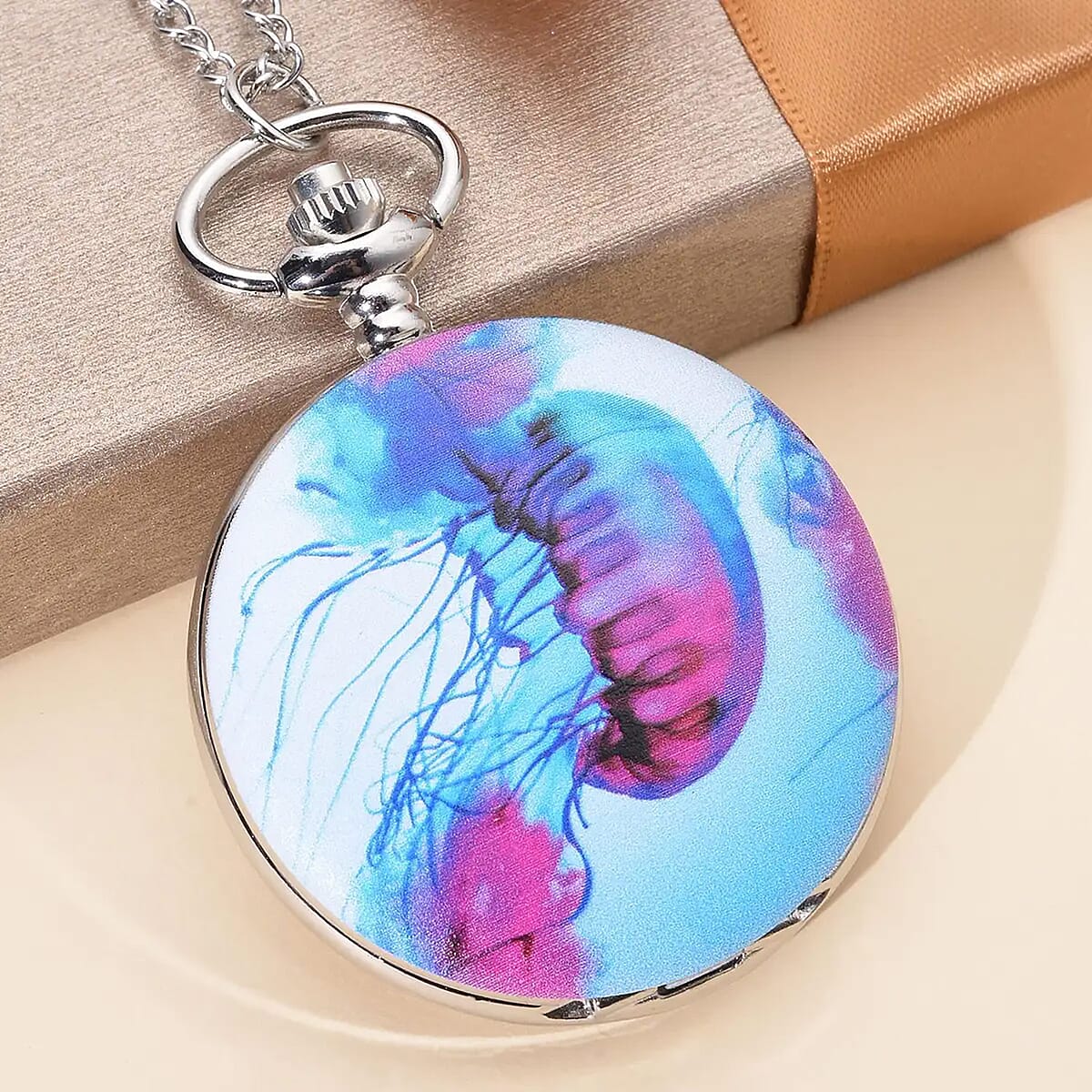 Strada Japanese Movement Jelly Fish Pattern Pocket Watch with Silvertone Chain (up to 31 Inches) image number 1