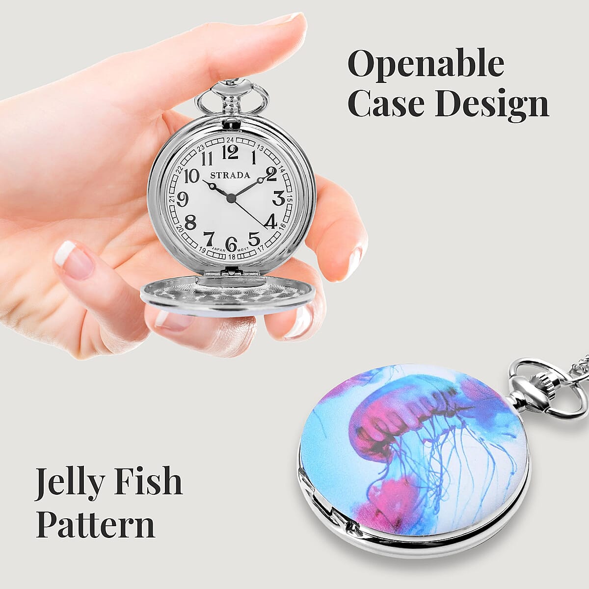 Strada Japanese Movement Jelly Fish Pattern Pocket Watch with Silvertone Chain (up to 31 Inches) image number 3
