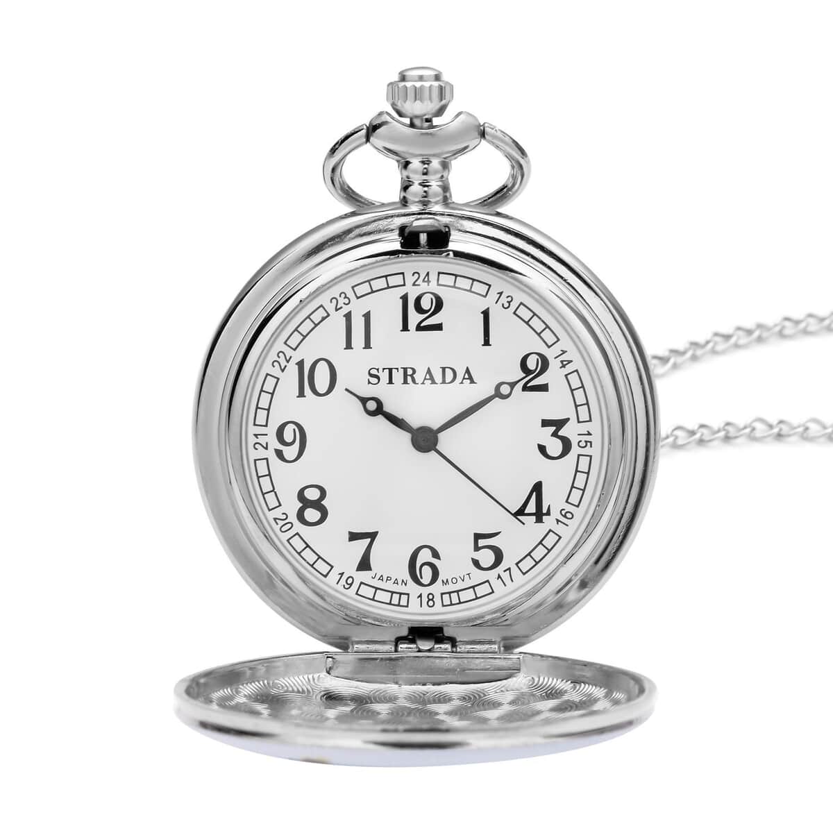 Strada Japanese Movement Fish Pattern Pocket Watch with Silvertone Chain (up to 31 Inches) image number 4