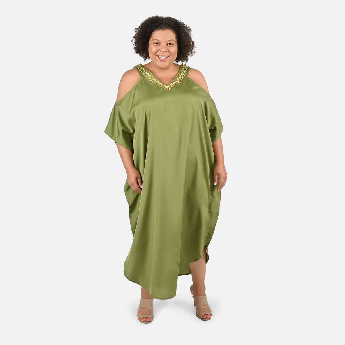 TAMSY Olive V-Neck Long Kaftan with Cold Sleeves and Embroidery - One Size Fits Most image number 0