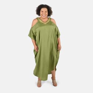 Tamsy Olive V-Neck Long Kaftan with Cold Sleeves and Embroidery - One Size Fits Most