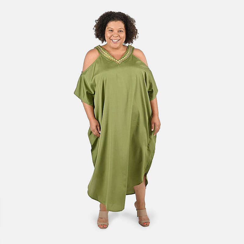 Tamsy Olive V-Neck Long Kaftan with Cold Sleeves and Embroidery - One Size Fits Most
