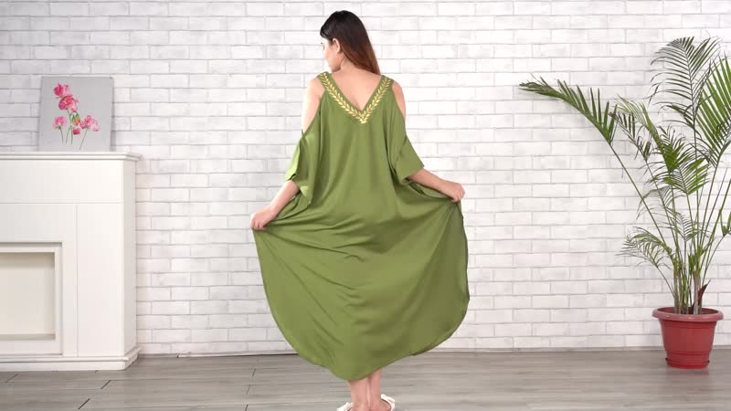 TAMSY Olive V-Neck Long Kaftan with Cold Sleeves and Embroidery - One Size Fits Most