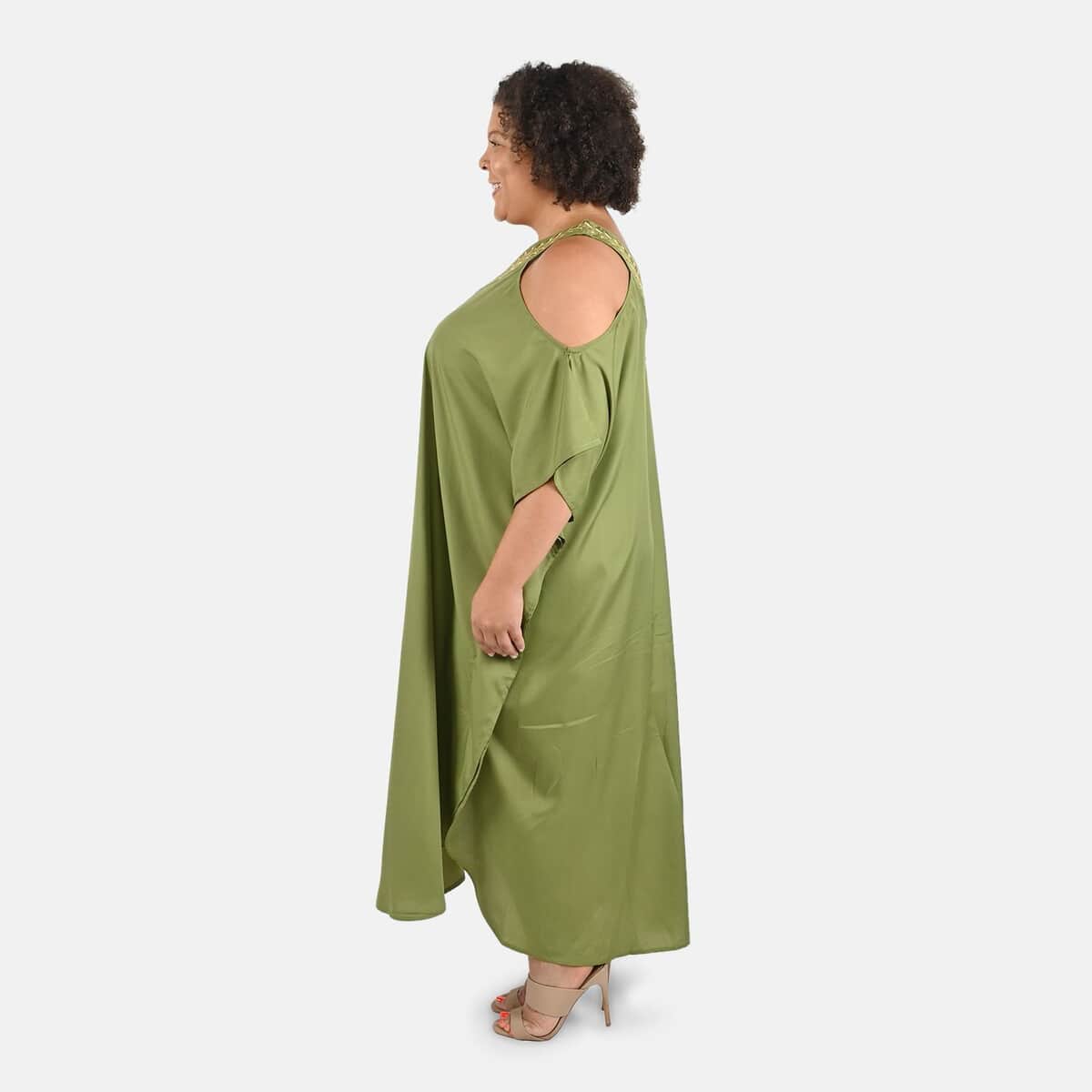 TAMSY Olive V-Neck Long Kaftan with Cold Sleeves and Embroidery - One Size Fits Most image number 2