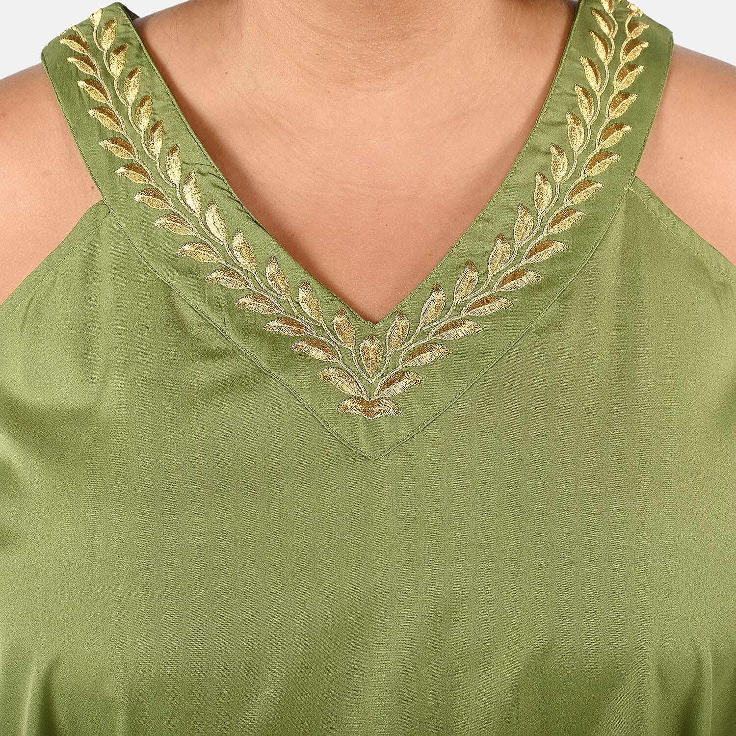 Tamsy Olive V-Neck Long Kaftan with Cold Sleeves and Embroidery - One Size Fits Most