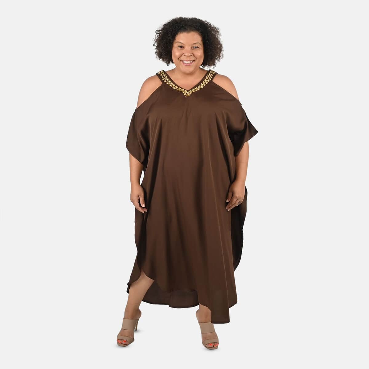 Tamsy Brown V-Neck Long Kaftan with Cold Sleeves and Embroidery - One Size Fits Most image number 0