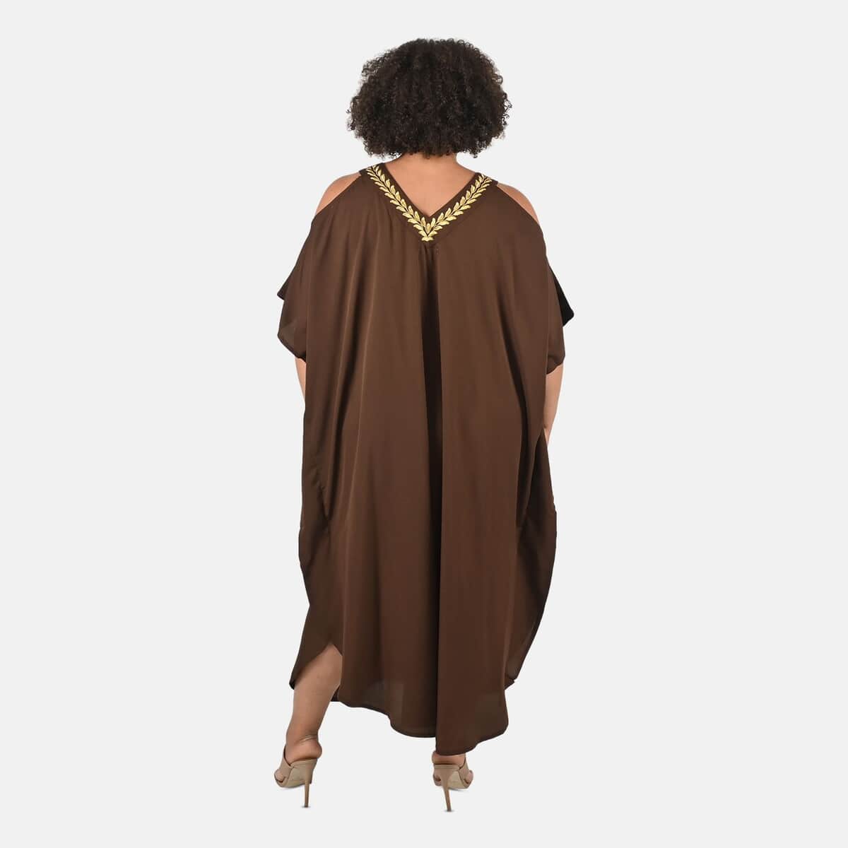 Tamsy Brown V-Neck Long Kaftan with Cold Sleeves and Embroidery - One Size Fits Most image number 1