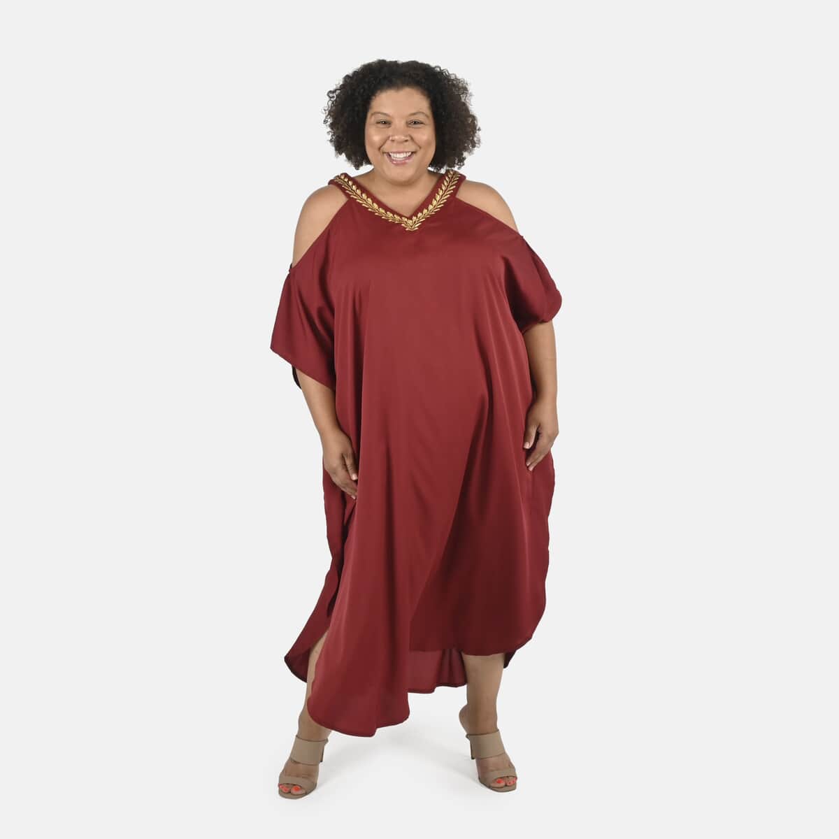 Tamsy Maroon V-Neck Long Kaftan with Cold Sleeves and Embroidery - One Size Fits Most image number 0