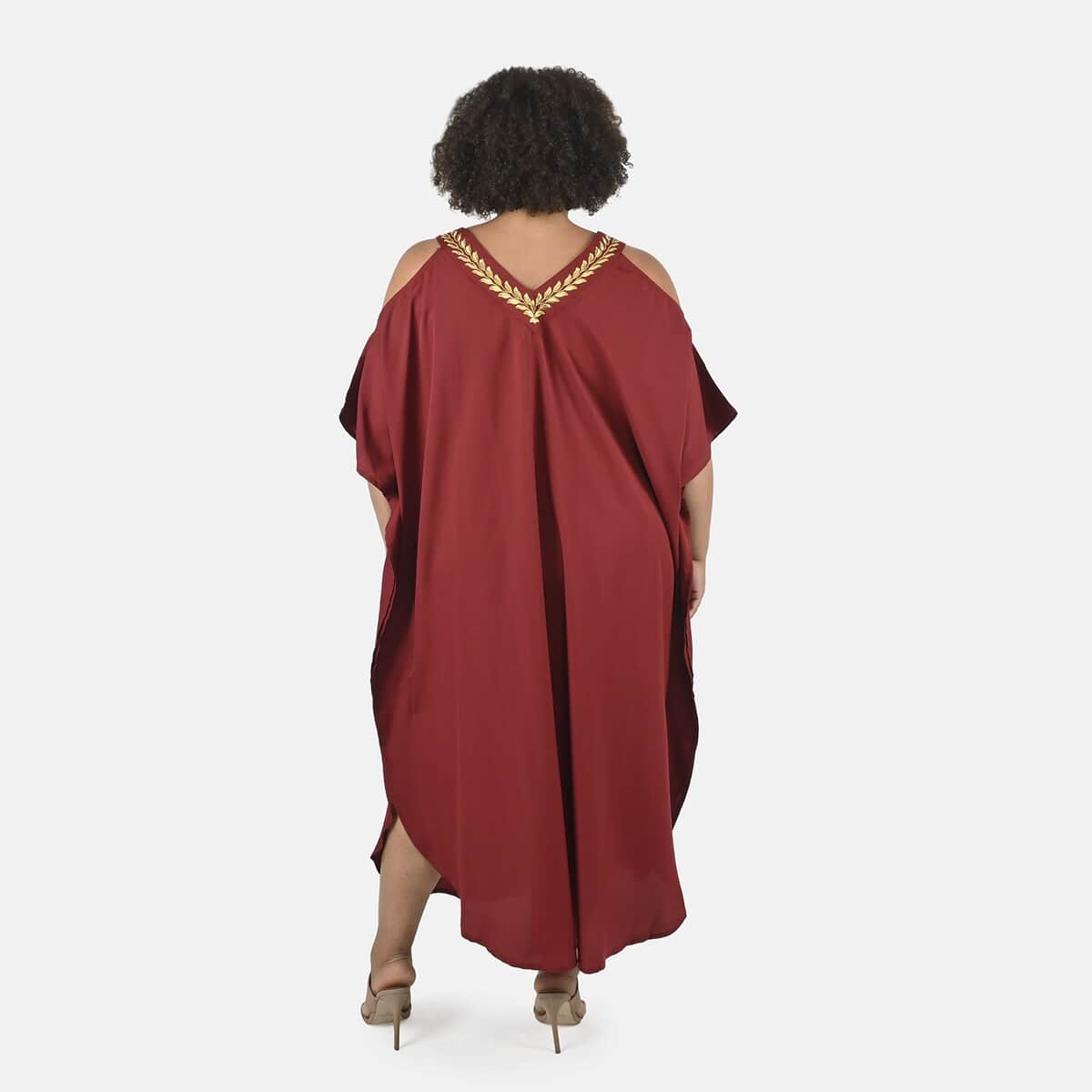 Tamsy Maroon V-Neck Long Kaftan with Cold Sleeves and Embroidery - One Size Fits Most image number 1