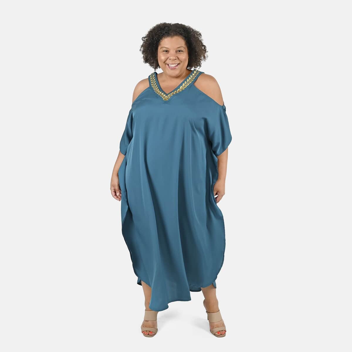 Tamsy Teal V-Neck Long Kaftan with Cold Sleeves and Embroidery - One Size Fits Most image number 0