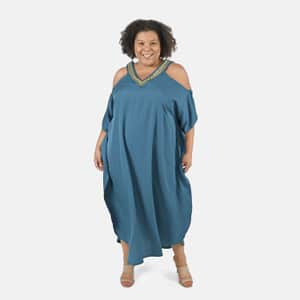 Tamsy Teal V-Neck Long Kaftan with Cold Sleeves and Embroidery - One Size Fits Most