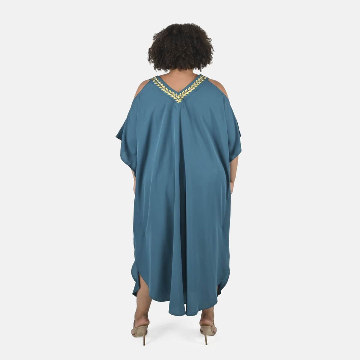 Tamsy Teal V-Neck Long Kaftan with Cold Sleeves and Embroidery - One Size Fits Most image number 1