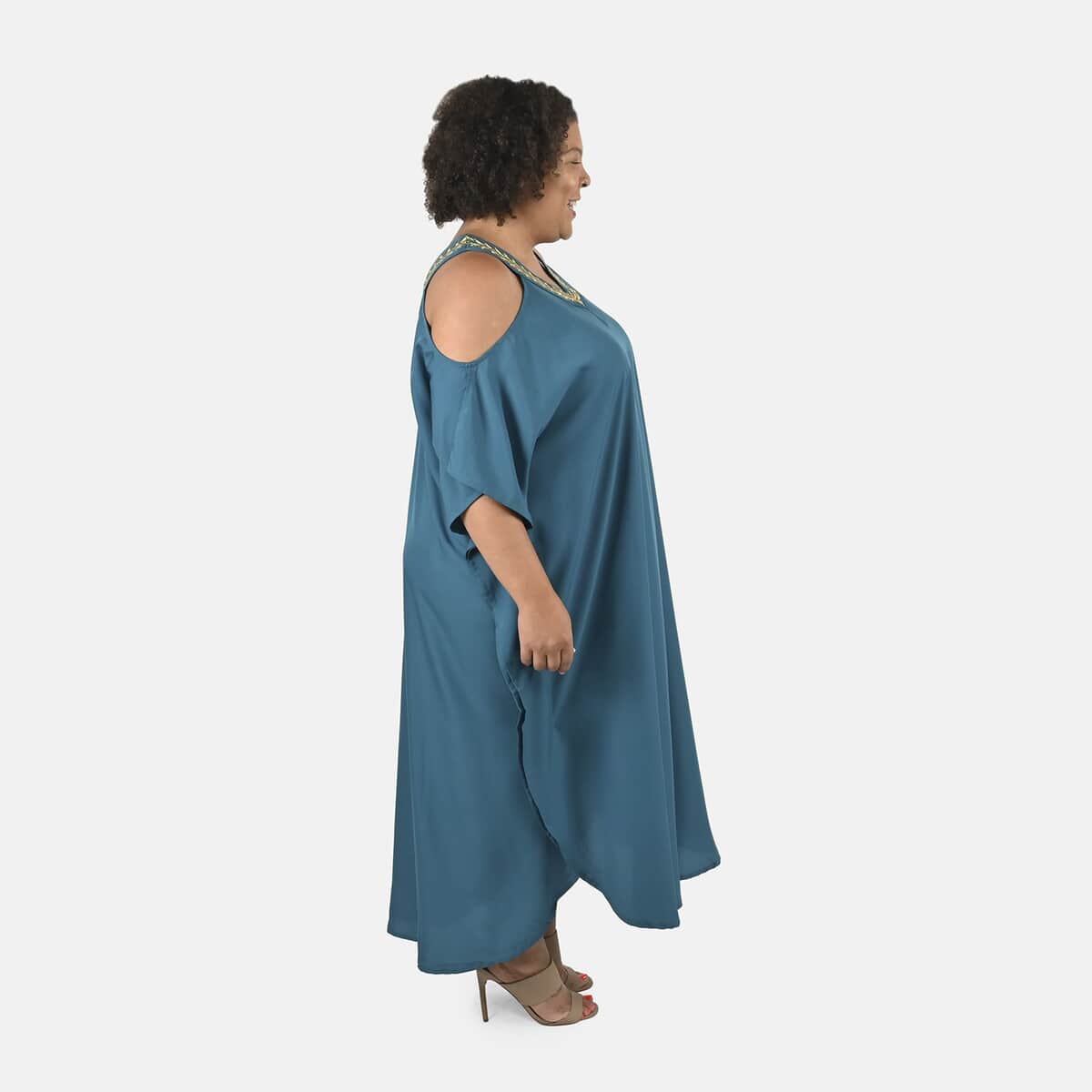 Tamsy Teal V-Neck Long Kaftan with Cold Sleeves and Embroidery - One Size Fits Most image number 2