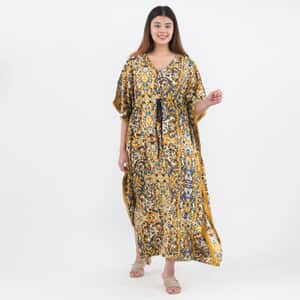 Tamsy Yellow Kaftan with Drawstring and Ladder Lace - One Size Fits Most